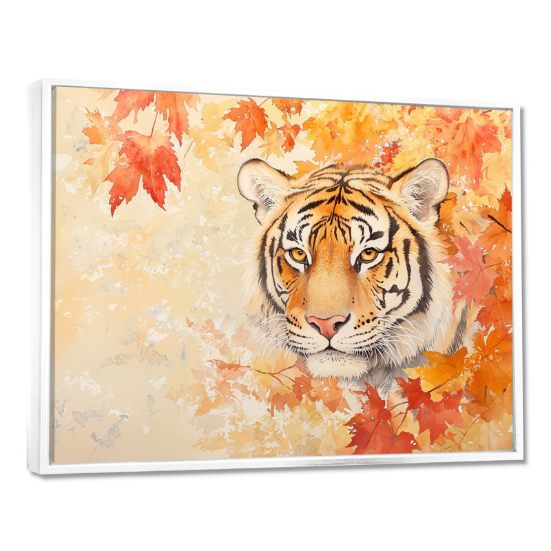 Tigre dans les feuilles d'automne II - salon d'art mural tigre, H 12 po x l 20 po, Blanc