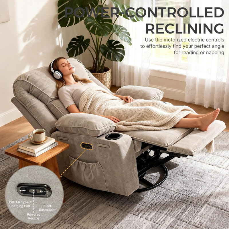Electric Power Massage Heated Recliner Swivel Rocking Reclining Chair with Cup Holders and USB Type C (Beige Gray)