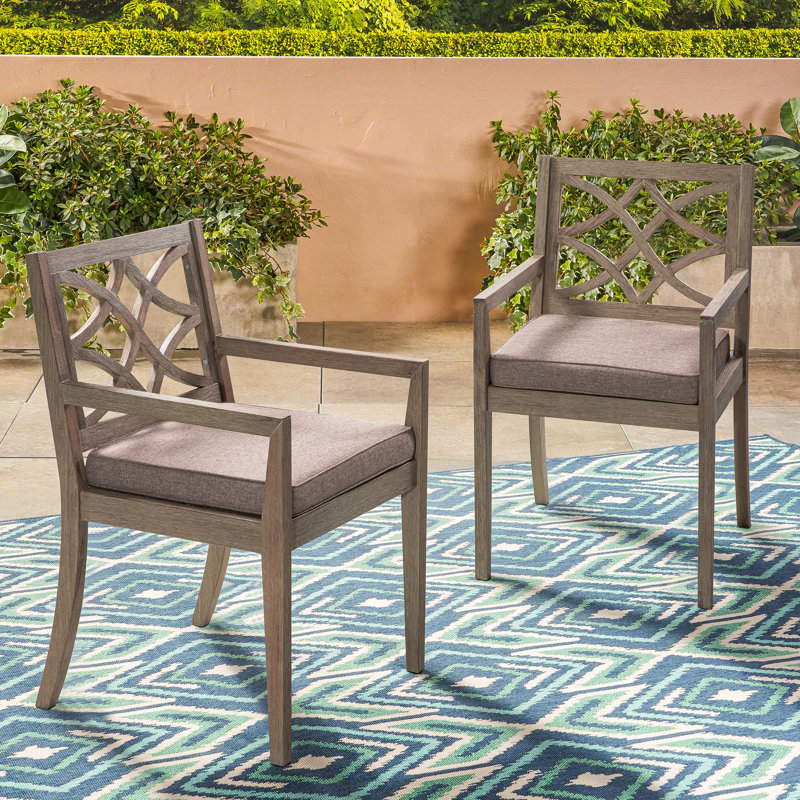 Patio Dining Armchair with Cushion, Grey Cushion/Dark Brown Wood Frame