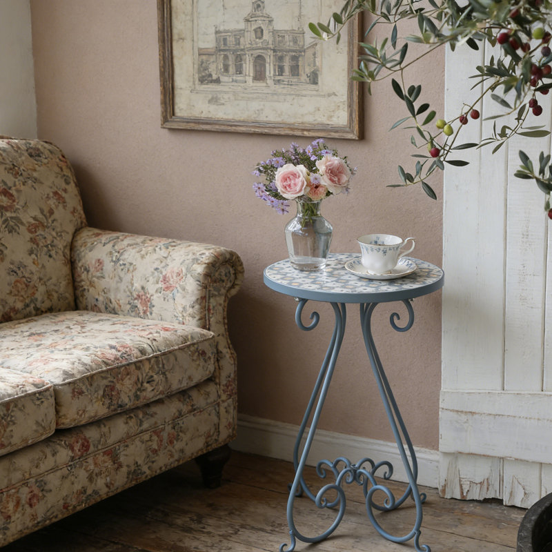 Ceramic Top End Table Patio Side Table,Vintage Metal Plant Stand, Round Accent Table for Porch,Patio, Balcony, Living Room Decor