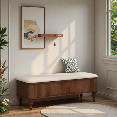 50.8-inch Multi-Functional Storage Ottoman Bench-Solid Rubberwood Bed End Bench with Linen Seat