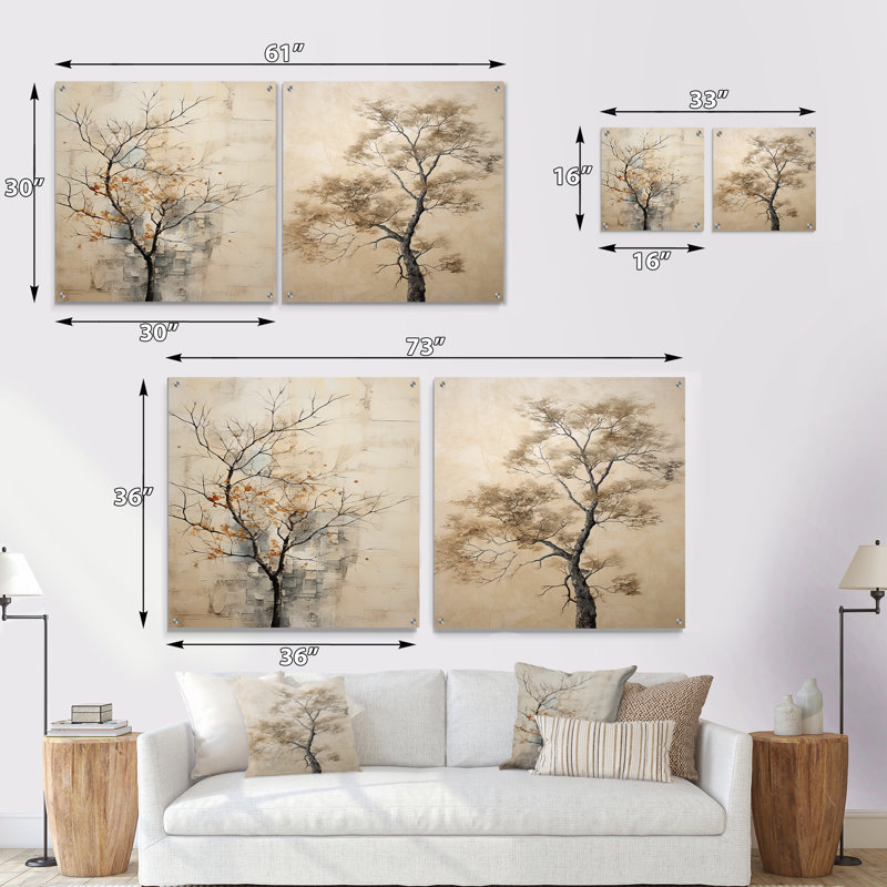 Minimalism Beige Maple Tree Melody IV - Tree Maple Acrylic Wall Art Glass Set Of 2, 36" H x 73" W