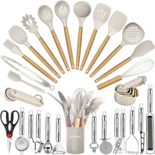 Lot de 14 ustensiles de cuisine en silicone résistants à la chaleur –  Pinces à retourner, spatule, cuillère, brosse, fouet, poignée en bois –  Gadgets