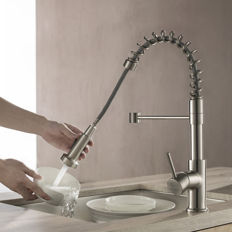 Robinet de cuisine commercial Blossom, Nickel brossé, Avec distributeur de savon