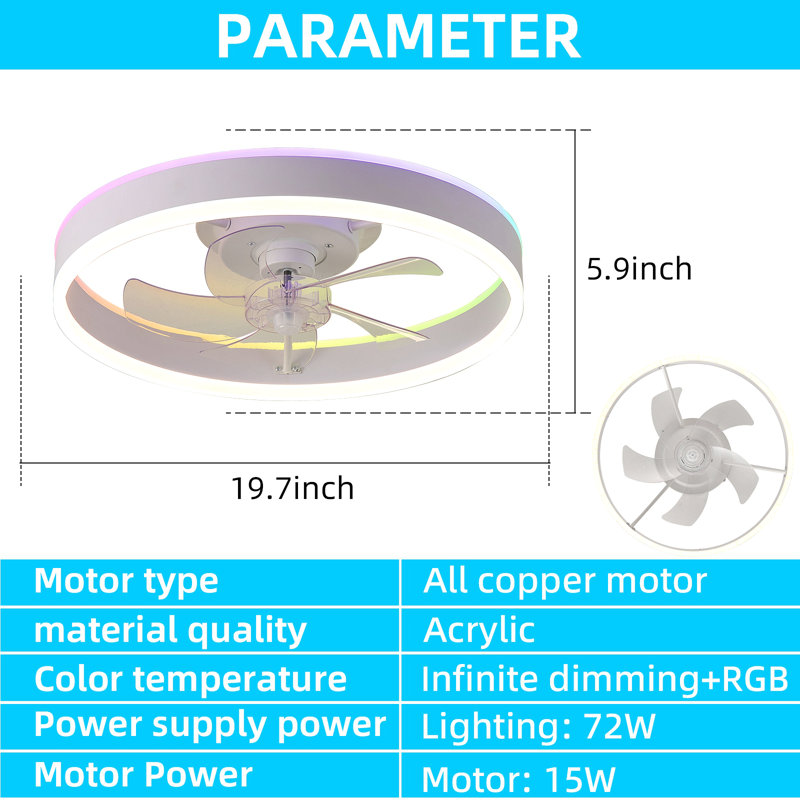 Ventilateur de 19,7 pouces avec lumières RVB de couleur tricolore à 6 vitesses réglables en énergie éolienne, rotation positive et négative