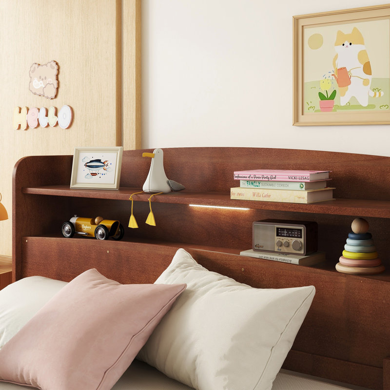 Marquece Wood Bed with Bookcase Headboard and LED Motion Sensor Light, Walnut, Full