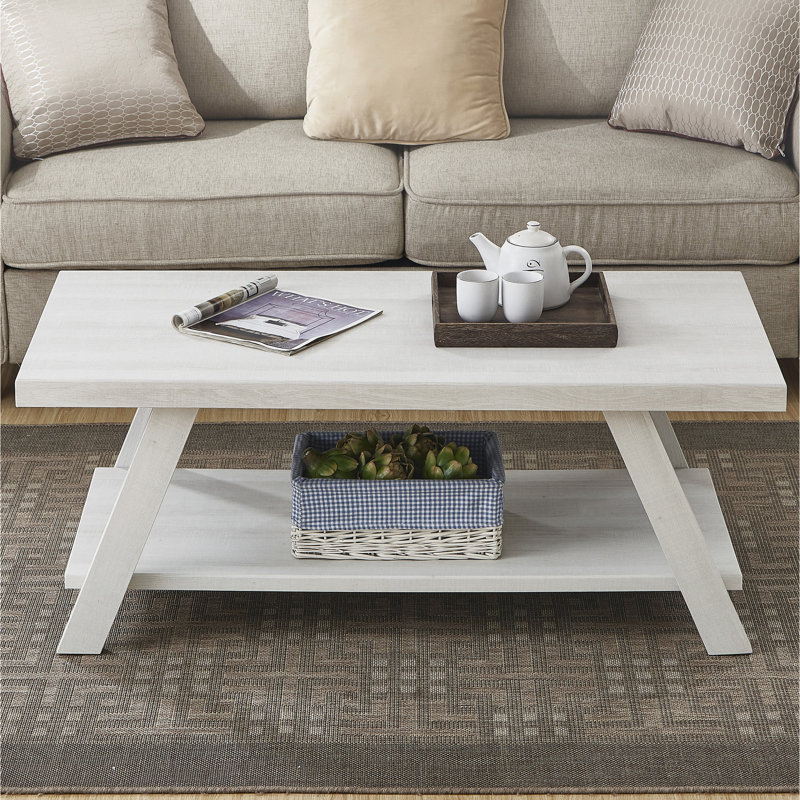 Table basse contemporaine de conception blanche - plateau en placage de bois franc et espace de rangement supplémentaire en option