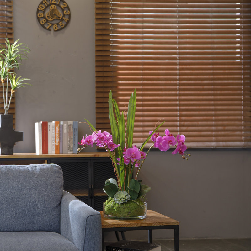 29.5" Purple Orchid Arrangement in a Circular Glass Vase with Undergrowth and Greenery | Real Touch Purple Moth Orchids by Fiori Sempre