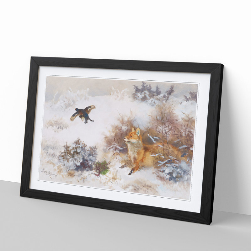 Fox and Black Grouse by Bruno Liljefors - Picture Frame Painting, Black Framed, 36cm H x 48cm W x 2cm D