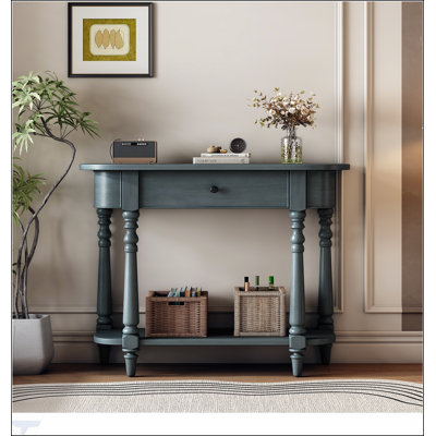 Narrow Console Table with Curved Corner, Retro Entryway Table with Top Drawer and Open Shelf for Hallway and Living Room