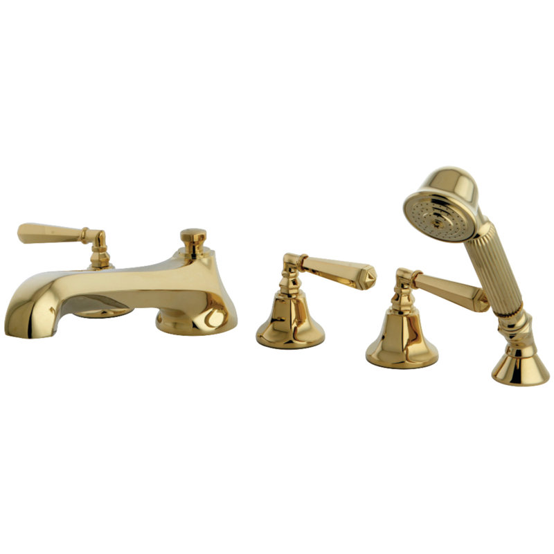 Kingston Brass Three-Handle 5-Hole Deck Mount Roman Tub Faucet with Hand Shower, Polished Brass