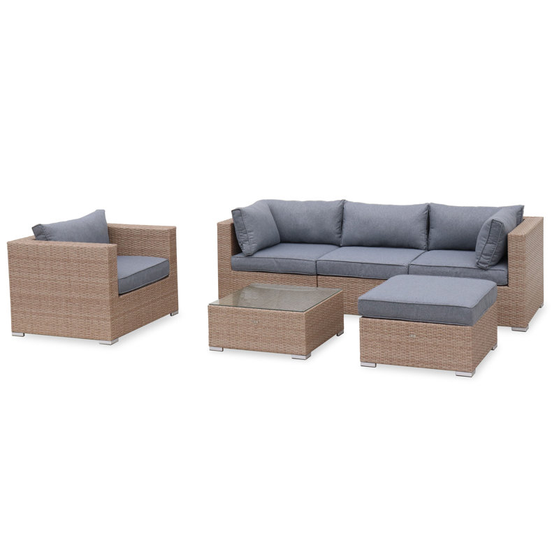Hicham 5-Seater Rattan Garden Sofa Set, Natural/Grey