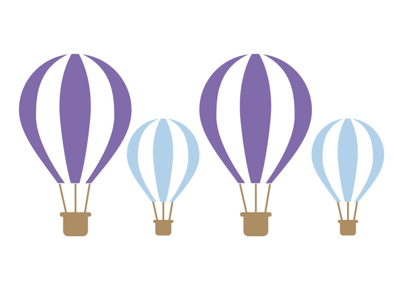 Décalcomanie murale ballons d’air chaud, H 23 po x l 47 po x P 0,01 po, Mauve / Bleu clair