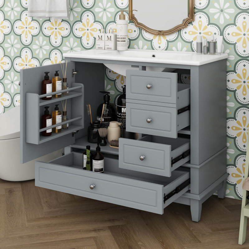 Meuble-lavabo de 36 po avec lavabo, ensemble de meuble-lavabo simple avec 3 tiroirs et une porte avec supports de rangement, armoire de rangement en bois
