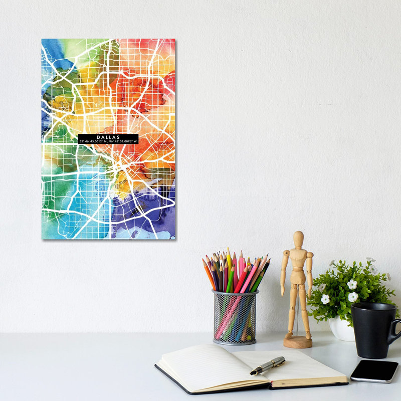 Dallas City Map Colourful - Wrapped Canvas Painting, 30.48cm H x 20.32cm W x 1.91cm D