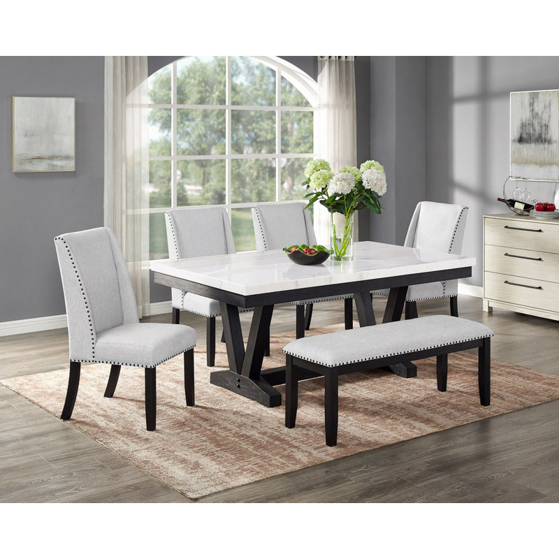 Ensemble de salle à manger 6 pièces de style contemporain en marbre véritable avec plateau rectangulaire et chaises capitonnées en bois massif