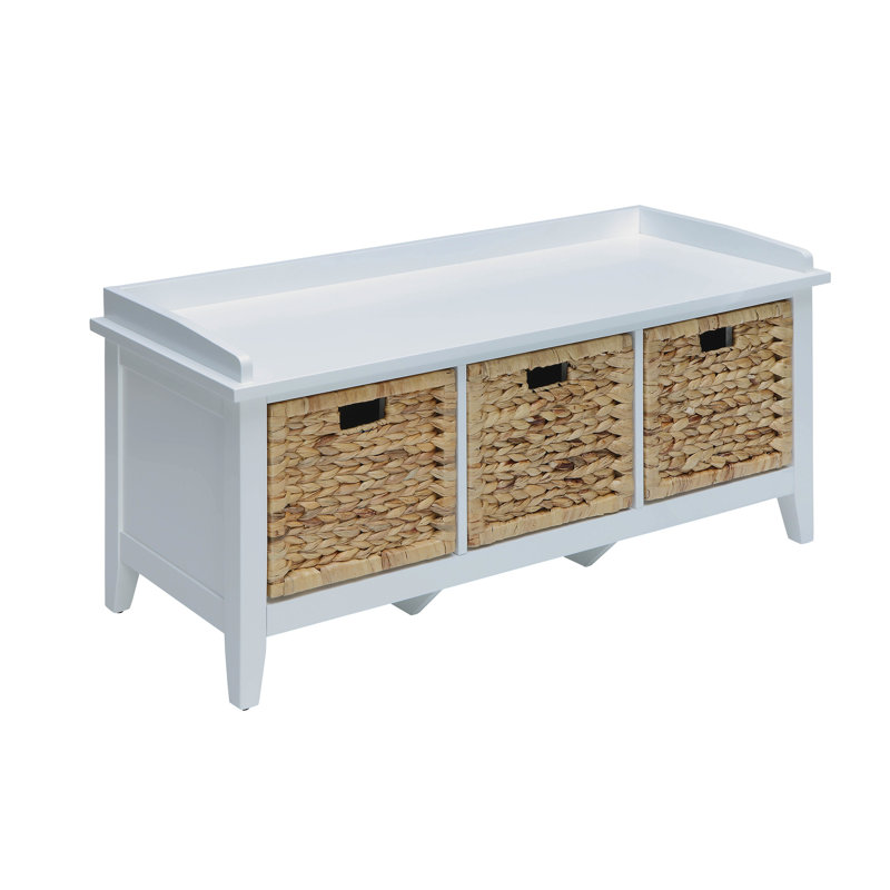 And White Transitional Bench With 3 Storage Drawers, Wooden Seat & Frame, Basket Front Drawer Metal Glide, Solid Wood Legs, Veneer, , 43 Inches Wide, 19 Tall Rectangular Finish, 16 Deep,
