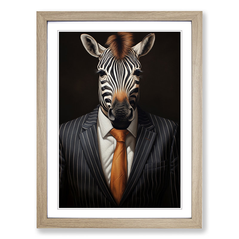 XYZ-FRM-V1223-1735 Zebra In A Suit Painting - Single Picture Frame Print on Wood, 46cm H x 34cm W x 2cm D, Oak