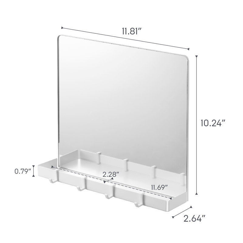 White Glass Magnetic Mirror with Storage Rack and Hooks