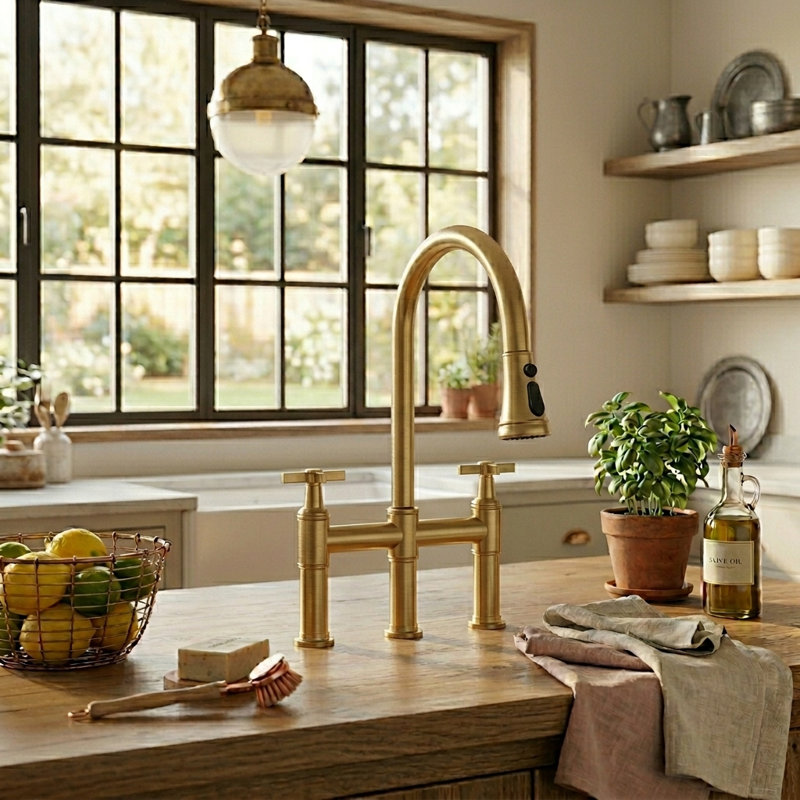 Bridge Kitchen Faucet with 24" Pull-Out Hose & 3-Function Sprayer, Brushed Gold