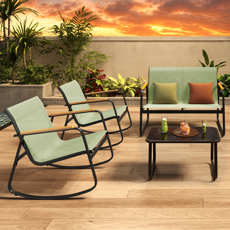 4 - Person Cooling PVC-coated polyester Outdoor Patio Seating Group with Rocking Chairs and Solid Wood Armrests, Green