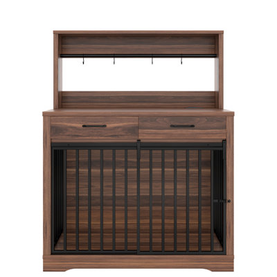 38" Dog Crate Furniture, Heavy Duty Dog Cage Table With 2 Storage Drawers And Shelves, Side End Table With Sliding Door For Dogs Indoor