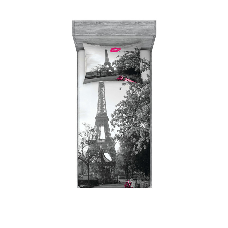 Drap-housse et coussin décoratif Ambesonne Paris noir blanc rose vif, Ensemble de draps pour lit simple + 3 pièces supp