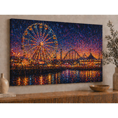 Grand parc d'attractions nuit, art mural sur toile, grande roue, lumières de carnaval pour salon, décoration de chambre d'enfant, impression sur toile 24 x 36 pouces - prête à être accrochée