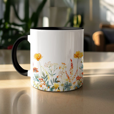 Set of 3 Watercolour Floral 11oz Accent Mugs, Ceramic Coffee Cup with Black Handles & Interior