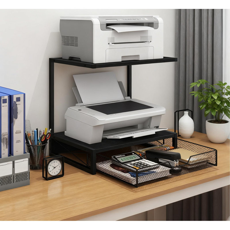 Support d'imprimante à 2 niveaux avec tiroir de rangement, tablette de bureau robuste pour imprimantes, scanneurs, fax, fournitures de bureau et livres