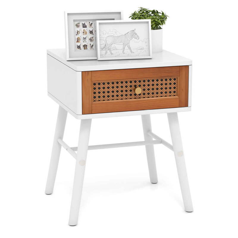 Bay Isle Home™ Nightstand With Storage Drawer Rattan Decoration Solid Wood Legs For Bedroom, Individual