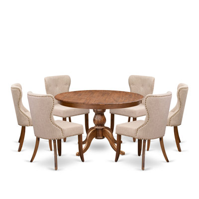 7-Pc Dining Set consists of a Pedestal Dinner Table and 6 Light Tan Linen Fabric Parson Chairs with Button Tufted- Antique Walnut
