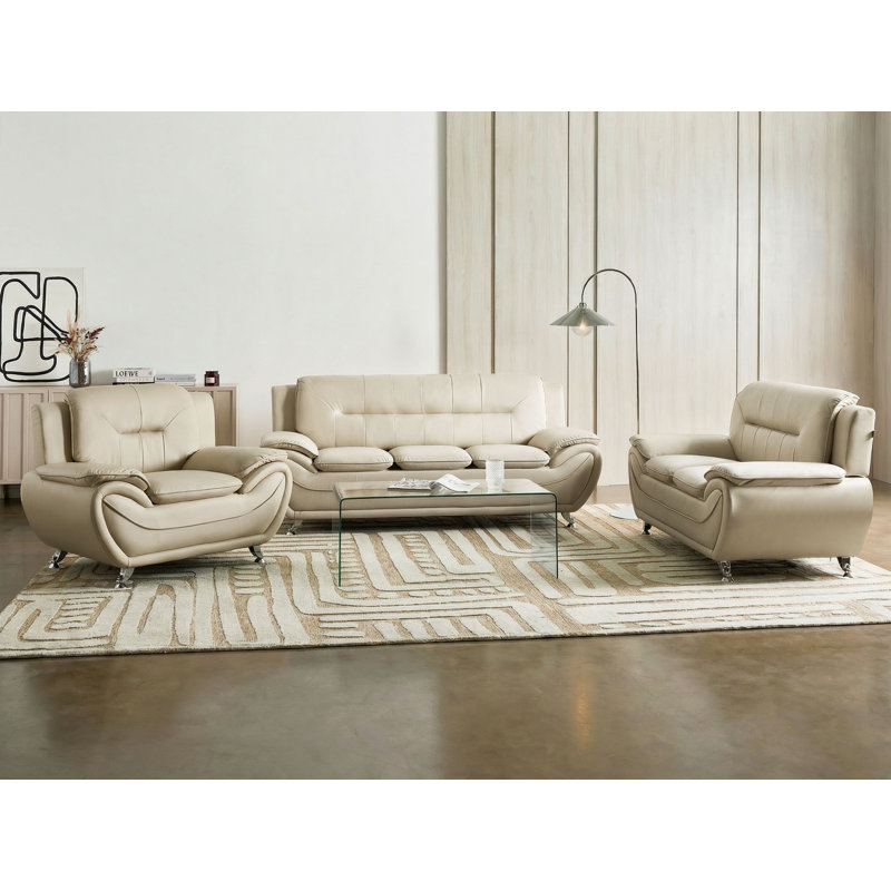 Leira 3 Piece Faux Leather Standard Living Room Set, Beige