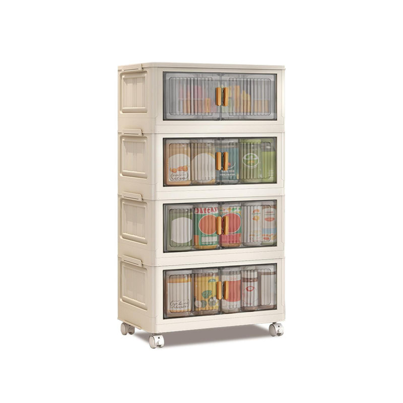 Stackable Storage Bins With Lids, 4-Tier Folding Storage Box, With Doors and Wheels, Collapsible Plastic Storage Bins- for Clothing, Toys, Snacks, Sundries Home Storage