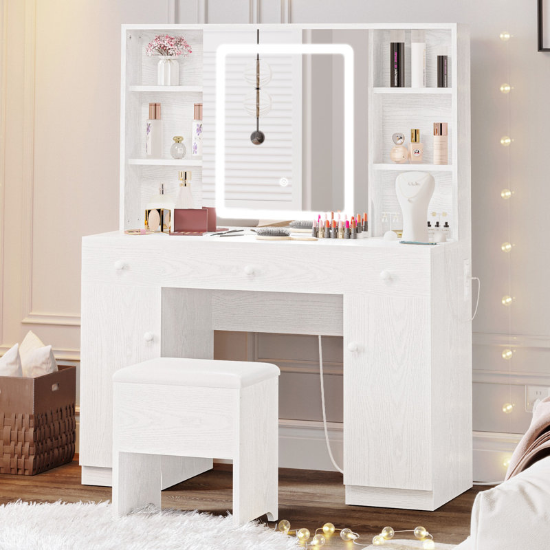 Kimrey Vanity Desk with Llight Sliding Mirror and 7 Drawers,  Makeup Vanity Table Set for Bedroom, White