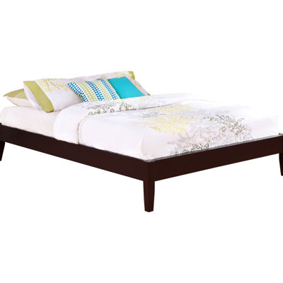 Très grand lit plateforme avec finition cappuccino chaleureuse, style transitionnel, fabrication en pin et en bois franc asiatique, ensemble de lattes pour lit de support de matelas, système de rangement, système