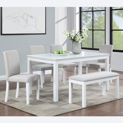 Ensemble de table de salle à manger 6 pièces avec 4 chaises rembourrées et banc
