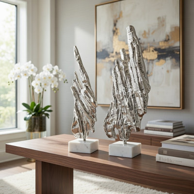 Ensemble de 2 sculptures en écorce d'arbre, marbre blanc, aluminium argenté 27 23 po