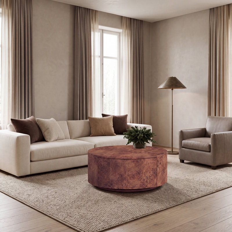 Table basse ronde en bois de ronce avec deux tiroirs cachés et base pivotante, Brown