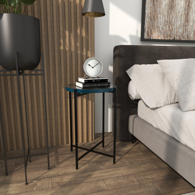 Laido Metal X-Shaped Side End Accent Table with Textured Glass Tabletop