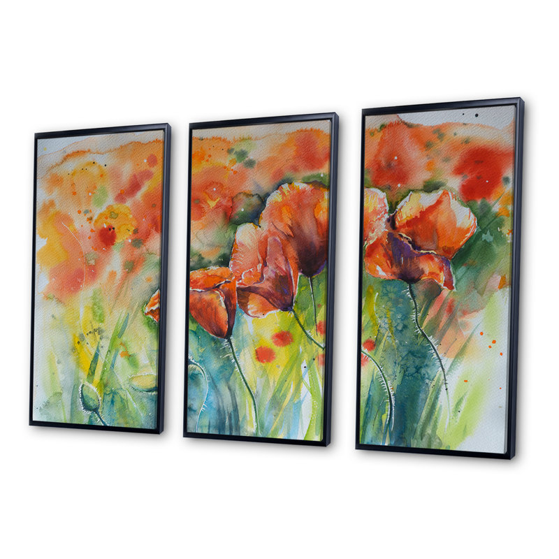 «Red Blossoming Poppies V», peinture sur toile 3 pièces, Noir, H 20 po x l 36 po