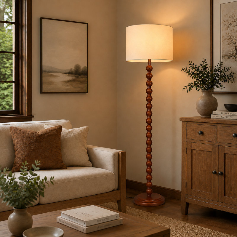 Lampe sur pied traditionnelle à abat-jour tambour de 155 cm de hauteur avec base perlée