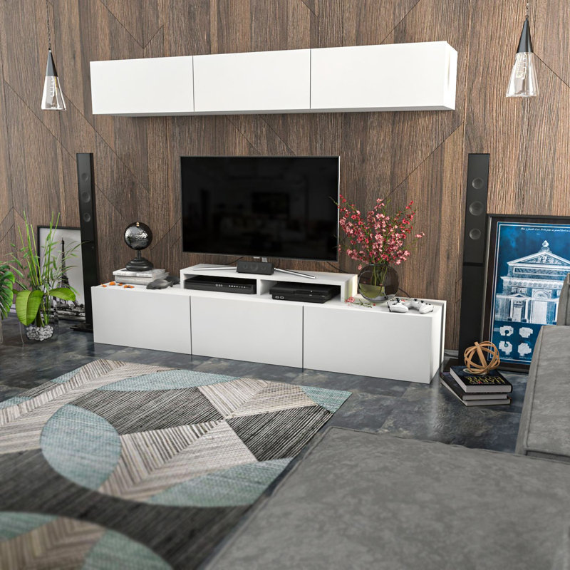 Meuble télé blanc moderne avec tablette murale 70,9 po x 15,7 po x 14,7 po | 100% panneau de particules enduit de mélamine, épaisseur: 0,7 pouce | Nombreuses tablettes, conception murale, parfaites pour les salons élégants et les espaces de divertissement