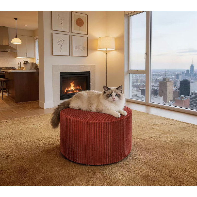 Corduroy Upholstery Full Compressed Ottoman, Red