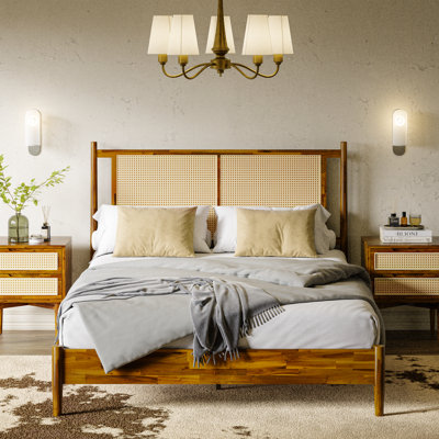 Oliver Solid Wood Platform Bed with Rattan Headboard