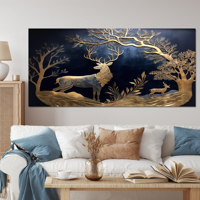 Cerf doré dans la forêt II - art mural forêt, Toile tendue, 34" H x 44" W