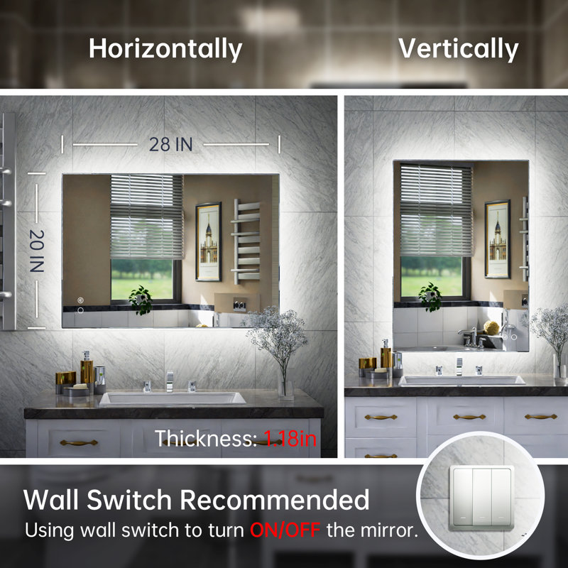 Adorna Dimmable Backlit LED Vanity Mirror with Anti-Fog, 20" x 28"