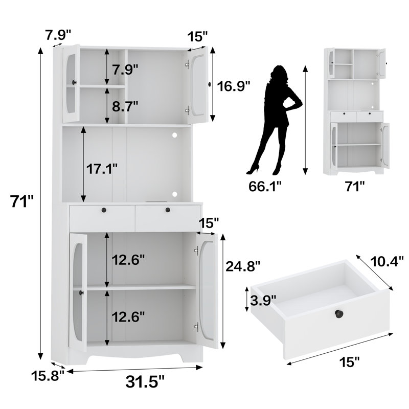 Armoire de cuisine 70,9 "avec prise de courant et lumière DEL, armoire de rangement à 2 tiroirs avec portes en verre et tablettes réglables pour le salon de la salle à manger