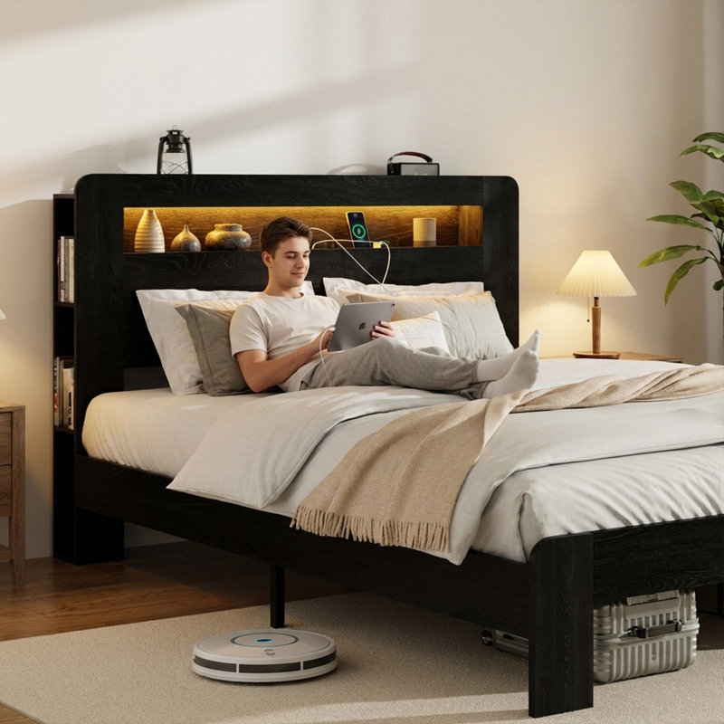 Base de lit plateforme en bois, Lit double