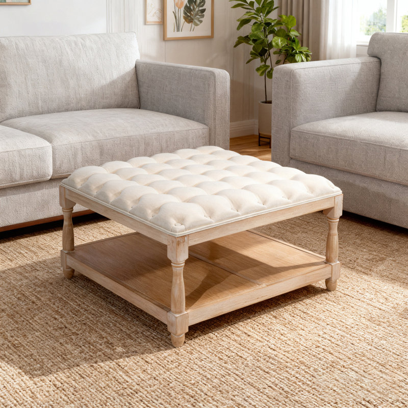 Grande table basse carrée avec repose-pieds capitonné avec tablette de rangement